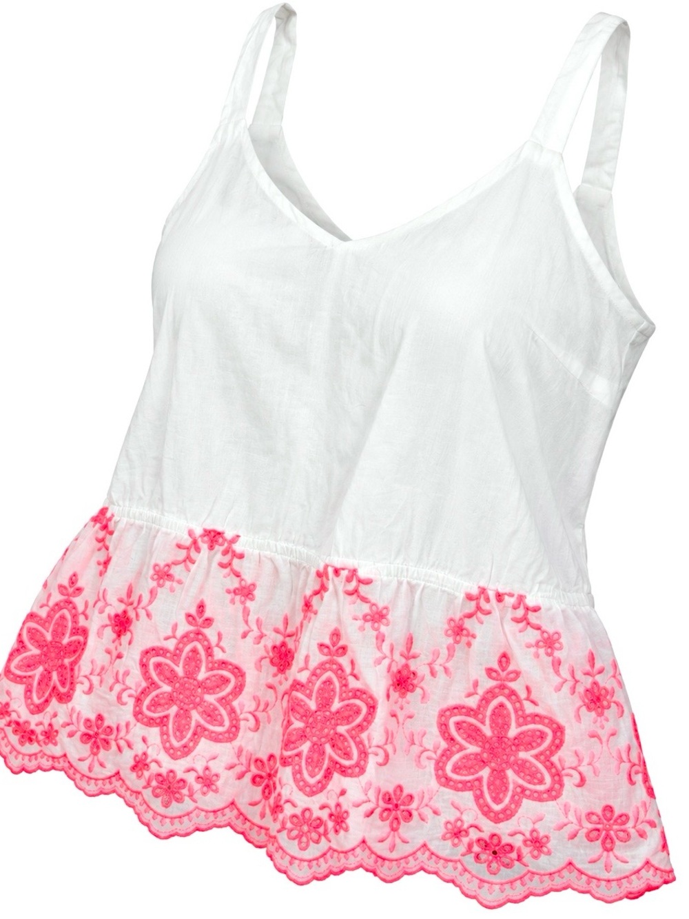 Tobi White Tank Top with Pink Floral Embroidered Hem